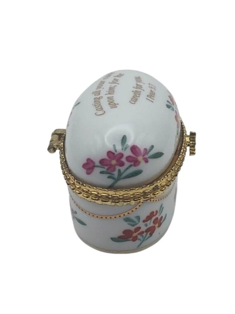 Imperial Porcelain Floral Hinged Oval Trinket Box w/ 1 Peter 5:7 Bible Verse - Picture 5 of 7